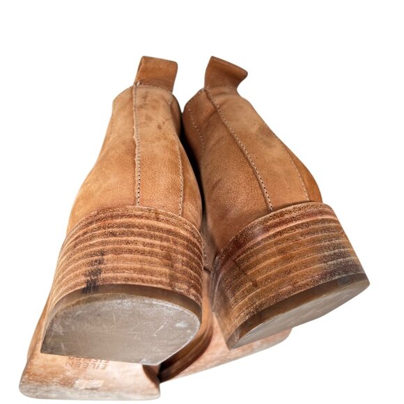 Eileen Fisher Tan Leather Ankle Boots Elastic Gore Low Block Heel Pull Tabs Sz 8 - Picture 11 of 16